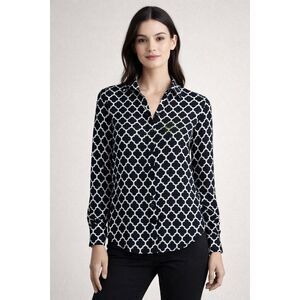 Express Portofino Slim Blouse Small Black White Geometric Button Up